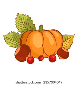 Autumn vegetable composition with pumpkin, leaves, berries, fruits and mushrooms. Autumn still life dedicated to the harvest in the autumn season. 