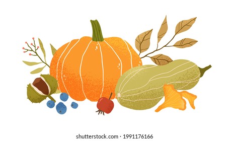 Autumn vegetable composition and pumpkin  squash  leaves  berries  fruits   mushrooms  Autumnal still life fall season harvest  Colored flat vector illustration isolated white background