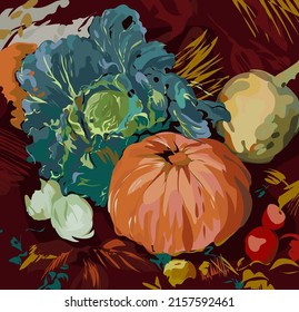 Herbstpflanzliche Zusammensetzung mit Kürbis, Squash, Blättern, Beeren, Früchten und Pilzen. Eigene Stillleben der Herbsternte. Farbige flache Vektorgrafik 