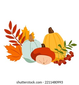 Autumn vegetable composition with pumpkin, squash, leaves and berries. Vector flat pumpkins in orange, green and yellow colors isolated on white background