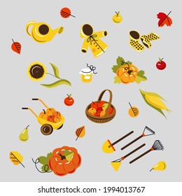 Jardín de verduras otoñales, elementos dibujados a mano. Perfecto para web, tarjeta, afiche, portada, etiqueta, invitación, kit de emoticones. Ilustración vectorial.