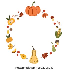 Corona de verduras de otoño. Marco redondo con calabazas, manzanas, maíz y hojas de otoño. Celebración de la cosecha. Ilustración plana de Vector. 