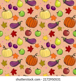 Autumn vegetables and fruit seamless pattern wiith seasonal elements. Vector EPS 10