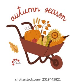 Autumn vegetables in garden trolley. Harvest gathering time. Autumn season colorful composition with quote inscription.