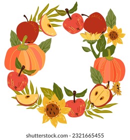 Autumn vegetables harvest frame or wreath with apples and pumpkins. Autumn seasonal cards design element, flat vector illustration isolated on white background. Autumn frame.