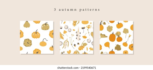 Autumn vegetables harvest seamless pattern set. Fall background with cute pumpkin, corn, onion, mushroom isolated on white. Autumn pattern with decorative elements. Flat cartoon vector collection