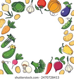 Autumn vegetables harvest square frame. Autumn time postcard template. Veggies frame copy space. Cartoon illustration