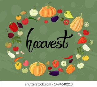 Autumn vegetables icon set on green background. Good harvest backdrop. Thanksgiving wallpaper. Hand drawn vegetables.Tomatoes, onions, garlic, pumpkin, peppers, chili peppers. Vegetarian nutrition.