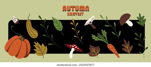 Herbstgemüse und Pilze Sammlung. Clipart-Elemente mit Herbstmotiven Perfekt für Erntefestplakate, Broschüren. Gefallene Blätter, Kürbisse, Karotten, Pilze, Eicheln.	