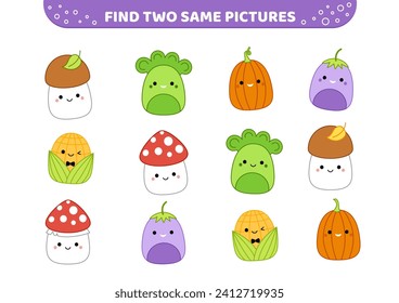 Autumn vegetables and mushrooms. Find two same pictures. Educational game for kids with pumpkin, mushroom, amanita, eggplant, corn, broccoli. Spot two identical pictures. Cartoon, kawaii. Isolated vec