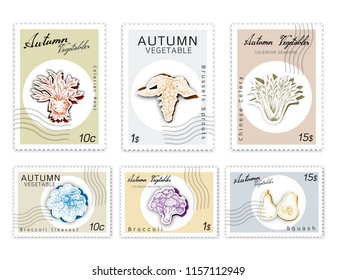 Autumn Vegetables, Post Stamps Set of Hand Drawn Sketch Brussels, Sprouts Broccoli, Broccoli, Butternut Squash, Celery and Celeriac Root in Trendy Origami Deep Paper Art Carving Style.