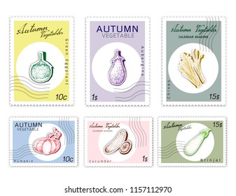 Autumn Vegetables, Post Stamps Set of Hand Drawn Sketch Eggplant, Aubergine, Brinjal, Pumpkin, Cucumber and Chives in Trendy Origami Deep Paper Art Carving Style. 