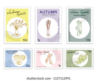 Autumn Vegetables, Post Stamps Set of Hand Drawn Sketch Fennel, Lemongrass, Kurrat or Broadleaf Wild Leek, Spring Onion, Green Pea and Grape Tomatoes in Trendy Origami Deep Paper Art Carving Style. 