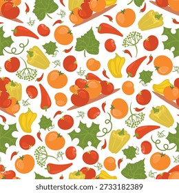 Verduras de otoño sin patrón. Comida fresca. Productos naturales otoñales. Pimientos maduros y tomates. Hojas verdes. Especias orgánicas. Impresión repetida. Cosecha agrícola. Cultivo saludable. Vector de fondo