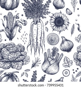 Autumn vegetables seamless pattern. Handsketched vintage vegetables. Line art illustration. Vector illustration