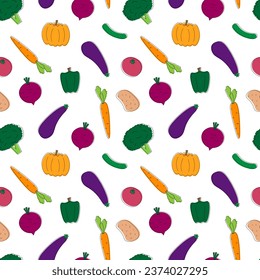 Autumn vegetables seamless pattern on white background. Vector flat cartoon illustration. Diet and healthy food.