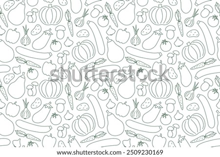 autumn vegetables seamless pattern with pepper, eggplant, mushroom, tomato, onion, carrot, potato, garlic, zucchini, pumpkin,  icons; great for packaging for organic food products - vector illustratio
