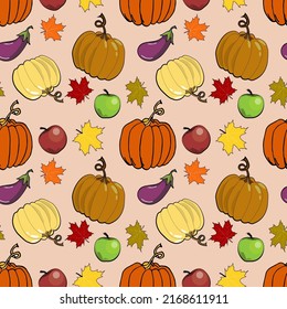 Autumn vegetables seamless pattern. Pumpkin, apples and eggplant fall pattern. Vector illustration.