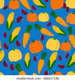 Autumn Vegetables. Seamless pattern. Thanksgiving Day. Vector illustration on blue background. Concept background for kitchen theme.