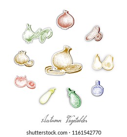 Autumn Vegetables, Set of Hand Drawn Sketch of Assorted Vegetables are Harvested in Autumn. Trendy Origami Deep Paper Art Carving Style. 