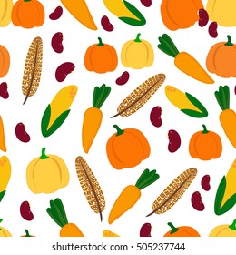 Autumn Vegetables and turkey feather. Seamless pattern. Thanksgiving Day. Vector illustration. Concept background for kitchen theme.