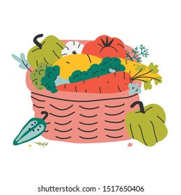 Autumn vegetales placed in wicker basket for farming fair or picnic. Organic natural wholesome food. Harvest vegetable food, hand drawn flat style.