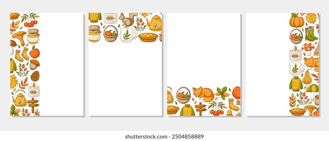 Autumn vertical a4 poster set, space for text. Colorful left, right side, upper, bottom frame, fall seasonal cozy elements. For card, banner, invitation, festival or planner. Isolated white background