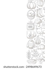 Cartel de la Vertical de otoño a4, espacio para el texto. Marco de borde lateral derecho gris monocromo minimalista con Elementos acogedores de temporada de otoño. Para tarjeta, Anuncio, invitación, redes sociales, festival o planificador.