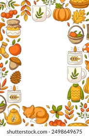 Autumn vertical a4 poster, space for text in the middle, isolated background. Colorful border frame with fall seasonal cozy elements. For card, banner, invitation, social media, festival or planner.
