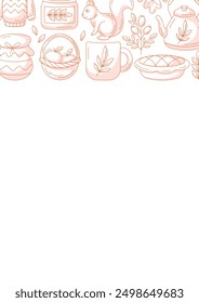 Autumn vertical a4 poster with space for text. Minimalist monochrome red upper border frame with fall seasonal cozy elements. For card, banner, invitation, social media, festival or planner.