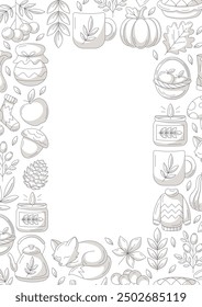 Autumn vertical a4 poster, space for text in the middle, isolated background. Minimalist monochrome gray frame with fall seasonal cozy elements. For card, banner, invitation, festival or planner.