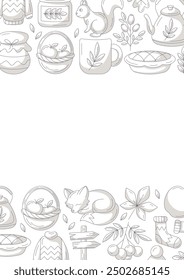 Cartel de la Vertical de otoño a4, espacio para el texto. Minimalista monocromo gris fondo y marco de borde superior con Elementos acogedores de temporada de otoño, comida, ropa, hongos, animales. Para la tarjeta, Anuncio, invitación