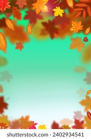 Autumn vertical background frame with falling autumn leaves and place for text. Vector illustration