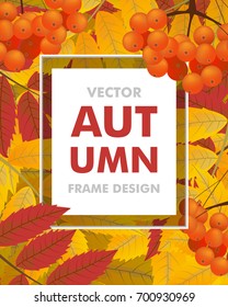 Autumn vertical background with rowan, berries and leaves. Frame fall. Vector illustration.