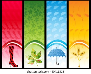 Autumn vertical banner backgrounds with vector leaves, wheat ears, umbrella and shoes