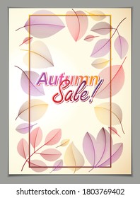 Autumn vertical banner design, vector yellow and red leaves floral beautiful background, Autumn Sale, advertising poster, brochure or flyer design. Stylish classy botanical drawing, environment.