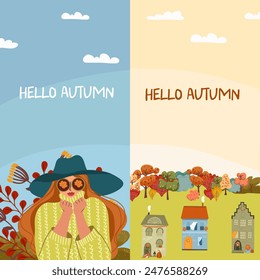  Autumn vertical banner with people and nature. Hand drawn graphics and textures. Autumn vibes, thanksgiving, space for text. Vector template design.