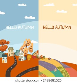 Autumn vertical banner with people and nature. Hand drawn graphics and textures. Autumn vibes, thanksgiving, space for text. Vector template design.