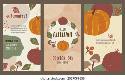 Autumn vertical banners and postcard set for social media, ads, leaflets, posters and more marketing graphic design. Pumpkin, pome granate, mushrooms, green foliage and more fall season decor.