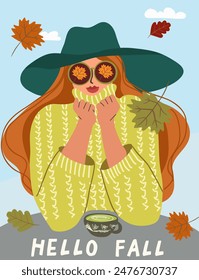 Tarjeta de Vertical de otoño con la mujer linda en el sombrero y gafas. Diseño de Vector, ilustración para tarjeta, póster, volante, Web. Estilo dibujado a mano.