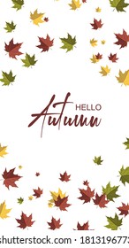 Autumn vertical design with colorful falling maple leaves. Place for text. Vector illustration