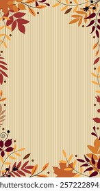 Autumn vertical frame. Autumn leaves on a striped background. Autumn background. Vector illustration for design and web.