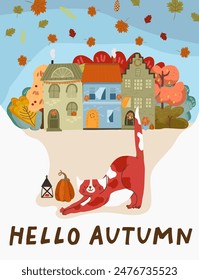 Autumn vertical postcard with cute ginger cat in spots stretching on European village background, cute houses, forest, autumn trees. Vector design, illustration for postcard, poster, flyer.