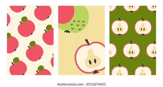 Autumn vertical vector posters set with apples in flat style. Perfect art background for banner, card, label, sale. Hand drawn illustration.