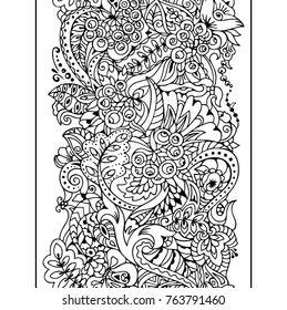 Autumn vertical zentangle border seamless.  Floral, ornate, decorative, design elements. Black and white monochrome decorative illustration with rowan, leaves, flowers and butterfly