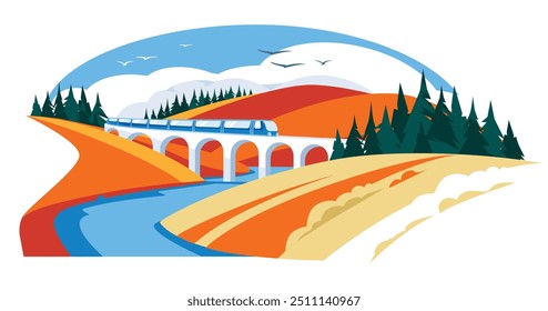 Viaducto de otoño. Ilustración plana de Vector. Colinas amarillas y naranjas del valle. Río azul. Ilustración plana de Vector