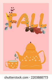 Autumn vibe. Coffee with autumn leaves on a pink background. Vetor illustration.