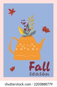 Autumn vibe. Coffee with autumn leaves on a pink background. Vetor illustration.