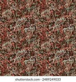 Autumn vibe pattern. Hand drawn doodle line chaos doodle. Abstract seamless background with caps, text and oak leaves.