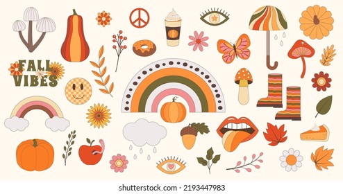 Autumn vibe retro groovy elements 70s-80s style. Pumpkins,Daisy flowers, Mushroom, Lips, Rainbow,  hippie style elements. Fall vibes decorative vector flat symbols